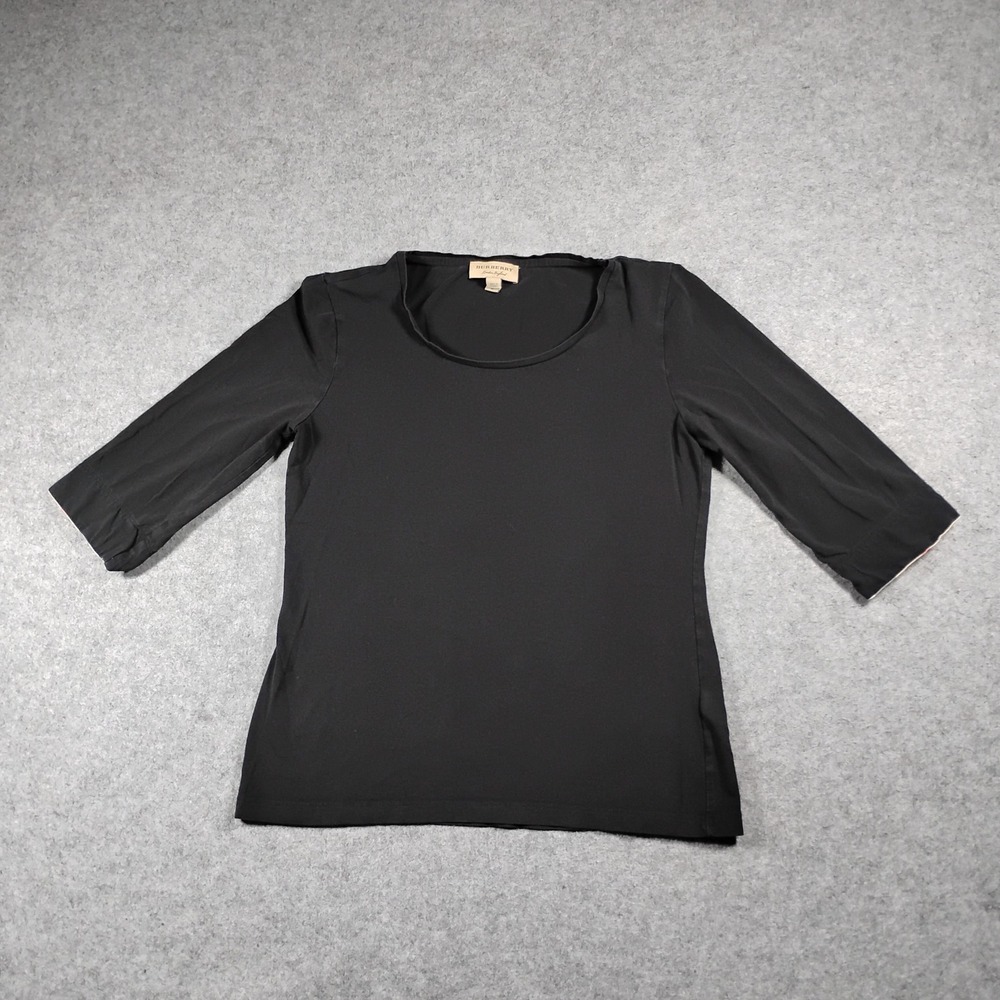 Burberry Check Cuff Stretch Cotton Top Women M Black Nova Plaid Scoop Neck Tee